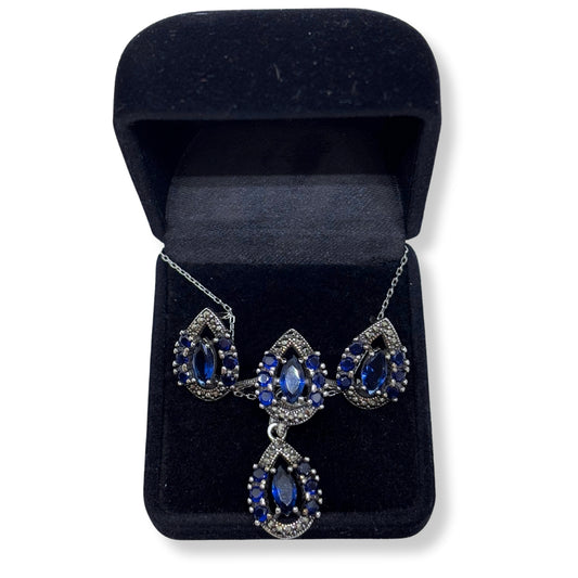 Navy Blue Sparkling Silver Drop Marcasite Set &amp; Set