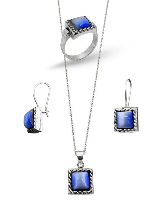 Vintage Lacivert Kare Sedef Taşlı Gümüş Set