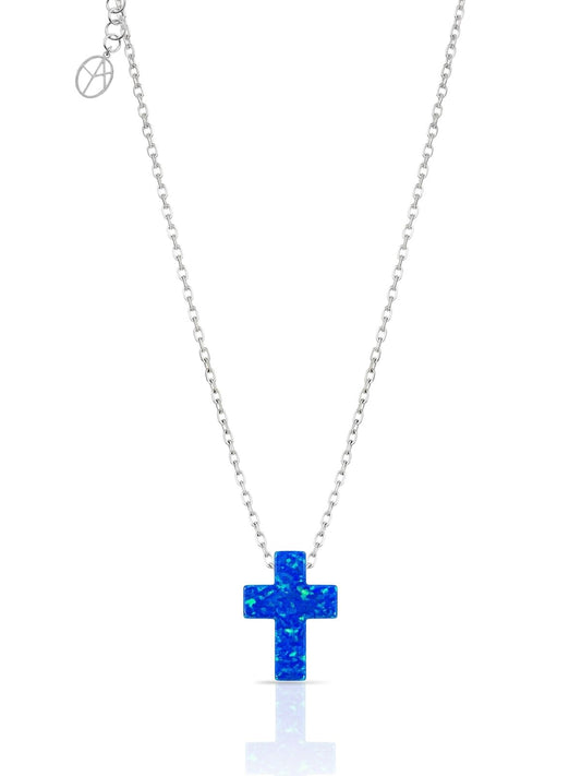 Mini Blauer Opal Glitzerndes Kreuz Silber Damen Halskette
