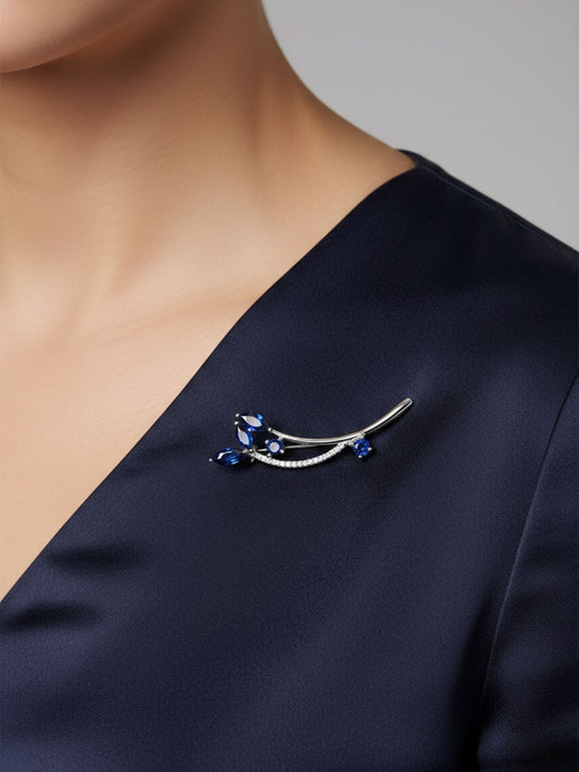 Taşlı Yapraklı Dal Gümüş Broş – 4.9x1.4 cm