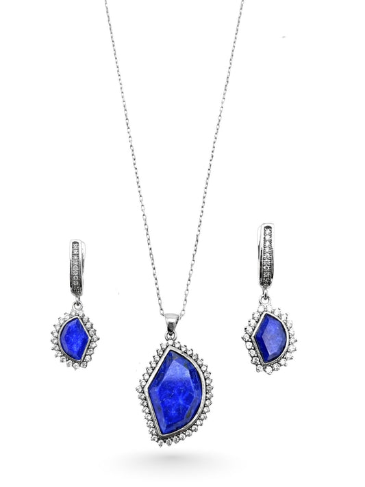Zirkon Çevrili Lapis Lazuli Gümüş Set&Takım