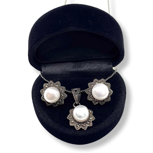 Marcasite Sparkling Pearl Blooming Silver Flower Set &amp; Set