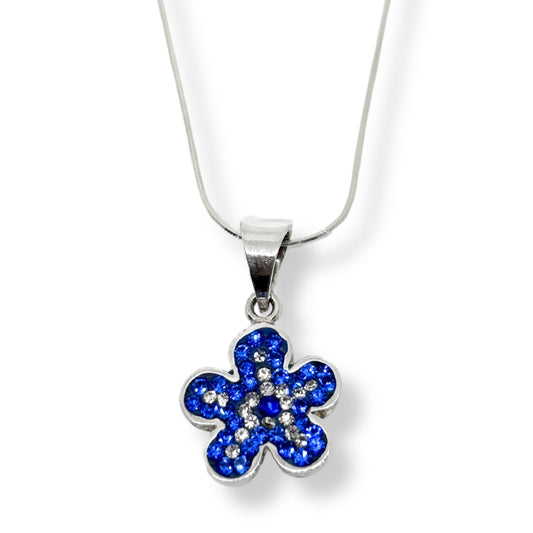 Navy Blue/White Sparkling Bezel Silver Flower Evil Eye Women's Necklace IKM