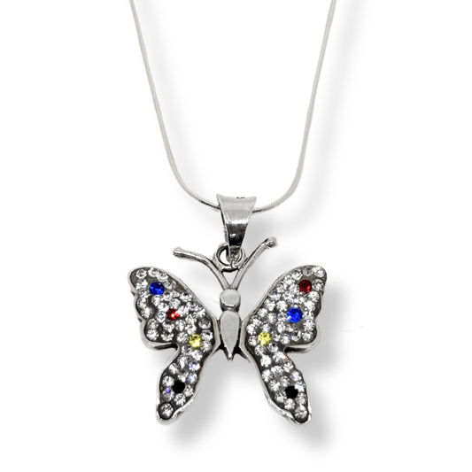 Rainbow Sparkling Butterfly Silver Women's Necklace IKM