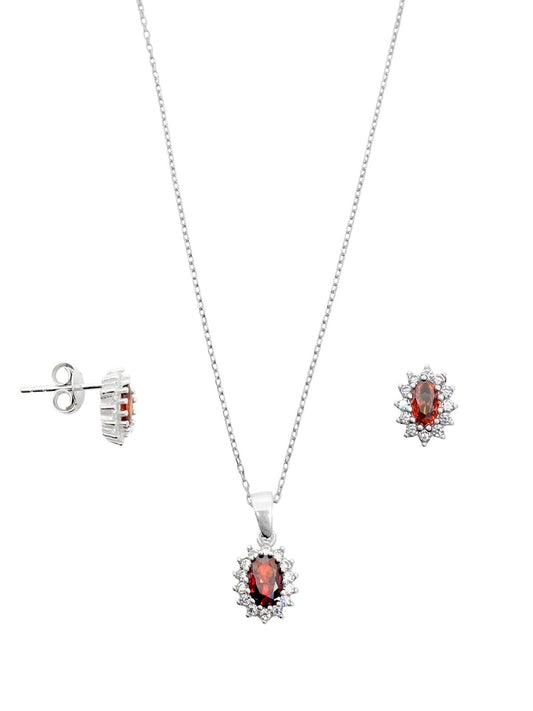 Mini Beyaz Işıltı Çevrili Doğal Taşlı Oval Kadın Kolye Küpe Gümüş Set