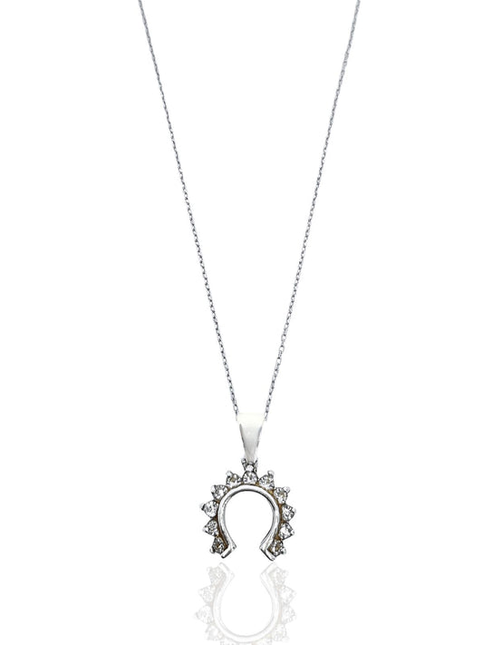 Minimal Beyaz Taşlı Zarif At Nalı Gümüş Kadın Kolye 1,5 cm x 2 cm