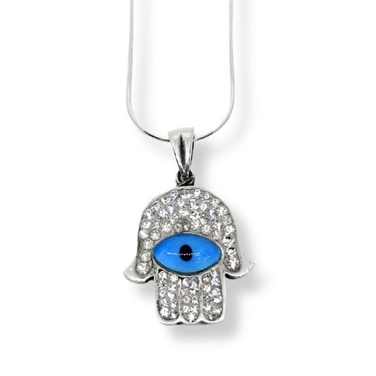 White Glittering Fatima Hand Evil Eye Silver Necklace