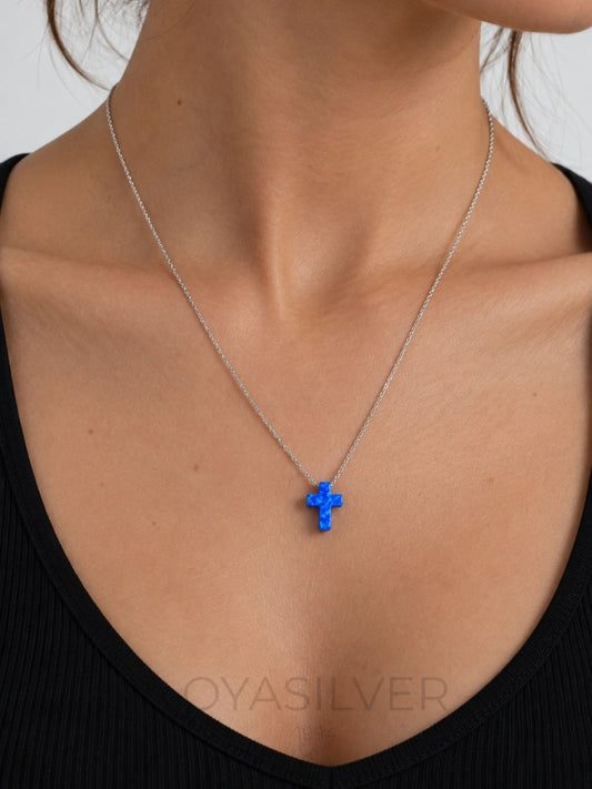 Mini Blauer Opal Glitzerndes Kreuz Silber Damen Halskette