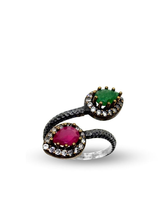 Otantik Ayarlanabilir Damla Yakut Zümrüt Gümüş Kadın Yüzük