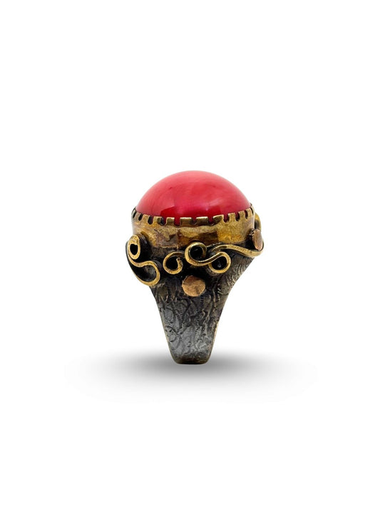 Otantik Doğal Mercan Taşlı Gümüş Vintage Kadın Yüzük