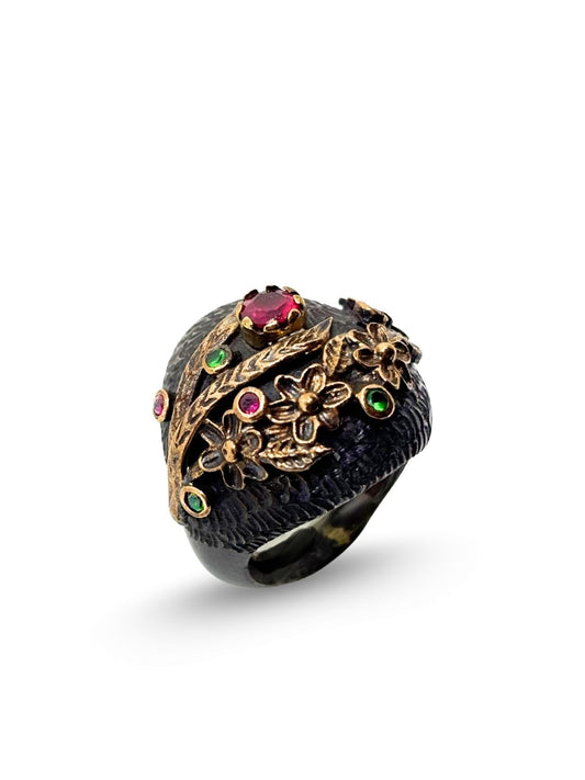 Otantik Doğal Yakut Zümrüt Taşlı Çiçekli Gümüş Kadın Yüzük