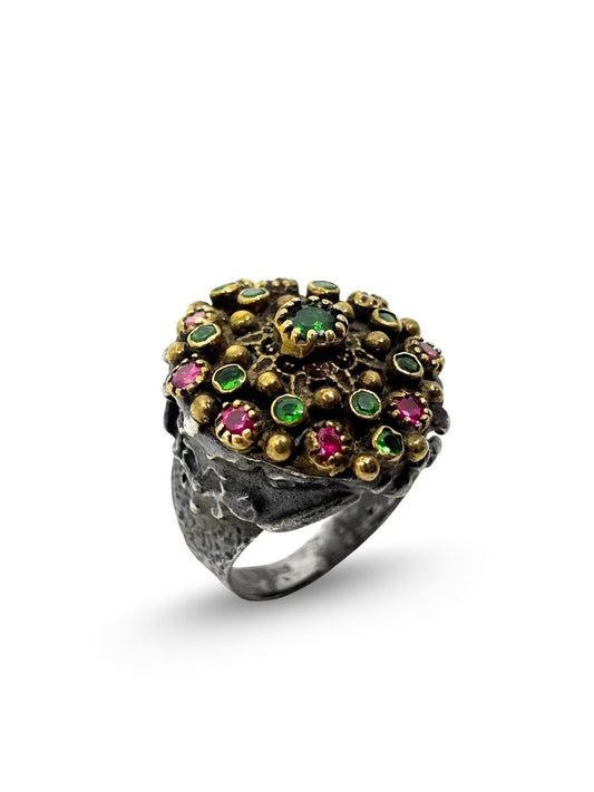 Otantik Doğal Yakut Zümrüt Taşlı Gümüş Vintage Kadın Yüzük