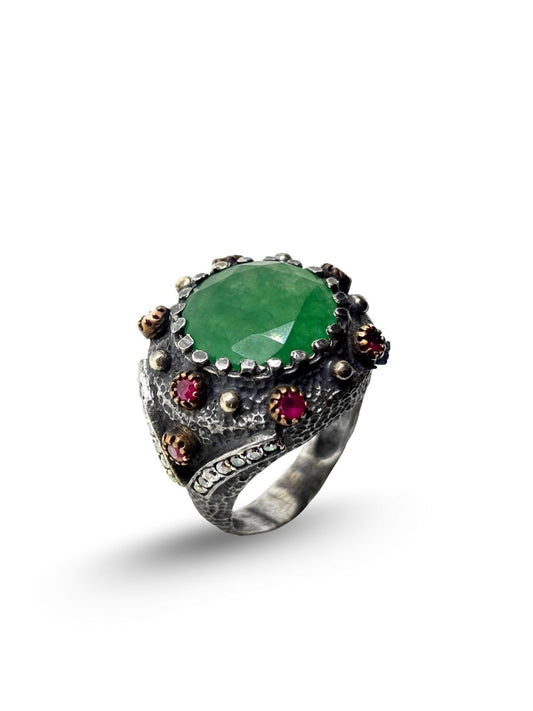 Otantik Doğal Zümrüt Taşlı Gümüş Vintage Kadın Yüzük