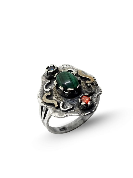 Otantik Malahit Taşlı Gümüş Kadın Yüzük