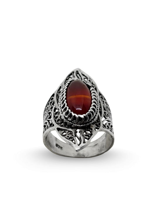 Otantik Oval Akik Taşlı Retro Telkari Gümüş Kadın Yüzük
