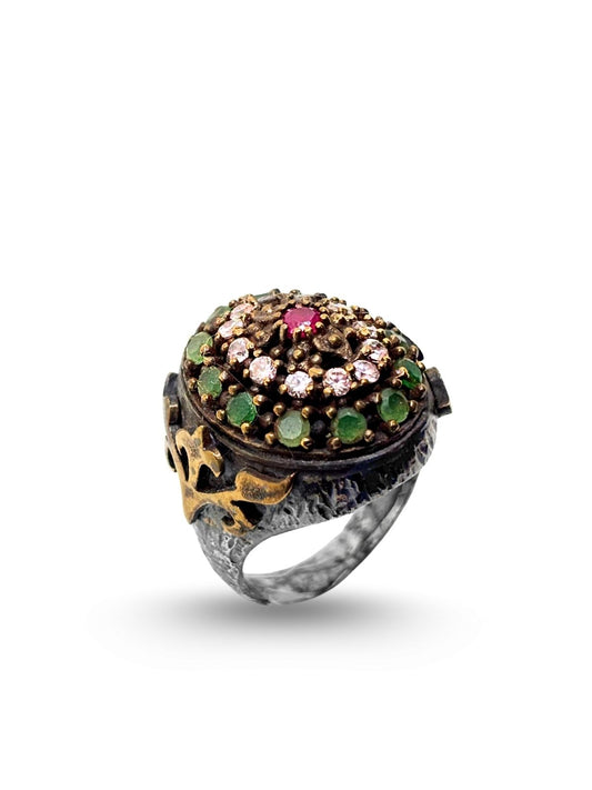 Otantik Yakut Zümrüt Zirkon Taşlı Gümüş Vintage Kadın Yüzük