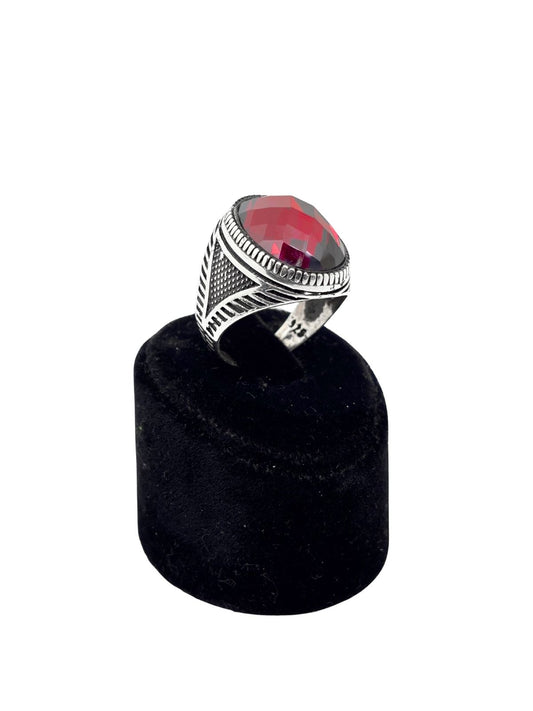 İri Kesme Oval Kırmızı Lal Taşlı Gümüş Erkek Yüzük