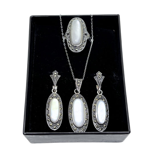 Sparkling Marcasite Surrounded Oval Mother of Pearl Silver Set &amp; Set