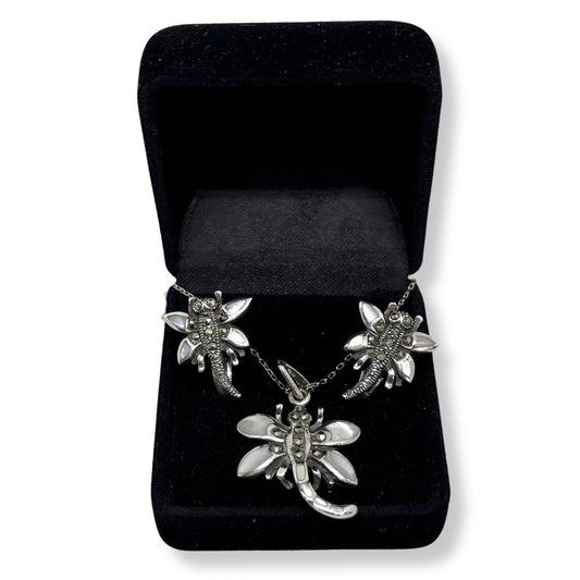 Marcasite Sparkling Mother of Pearl Dragonfly Silver Set &amp; Set - Nature's Jewels Collection