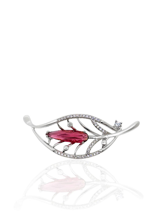 Pembe Zirkon Taşlı Yaprak Gümüş Broş 4.9x1.7cm