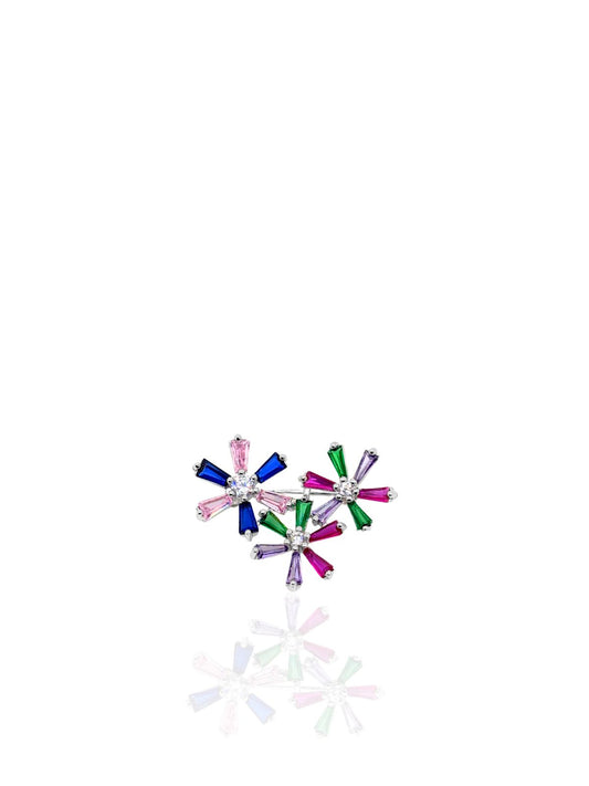Üç Çiçekli Rengarenk Taşlı Gümüş Broş 2.5x2cm