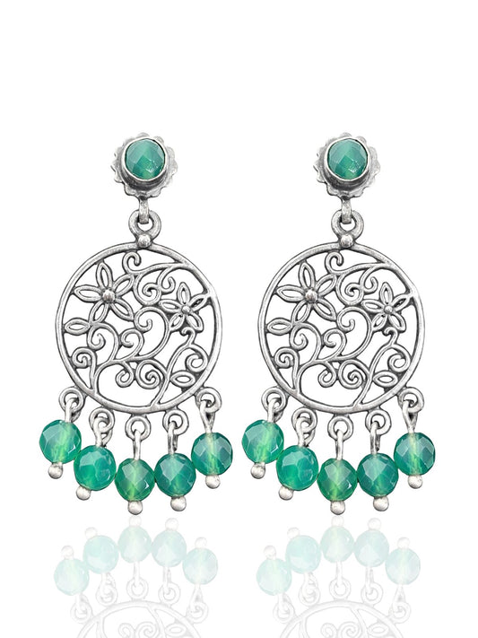 Retro İri Kesme Zümrüt Taşlı Otantik Gümüş Kadın Küpe 5.5x2.5 cm