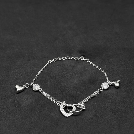 Heart and Solitaire Ring Figured Silver Chain Bracelet