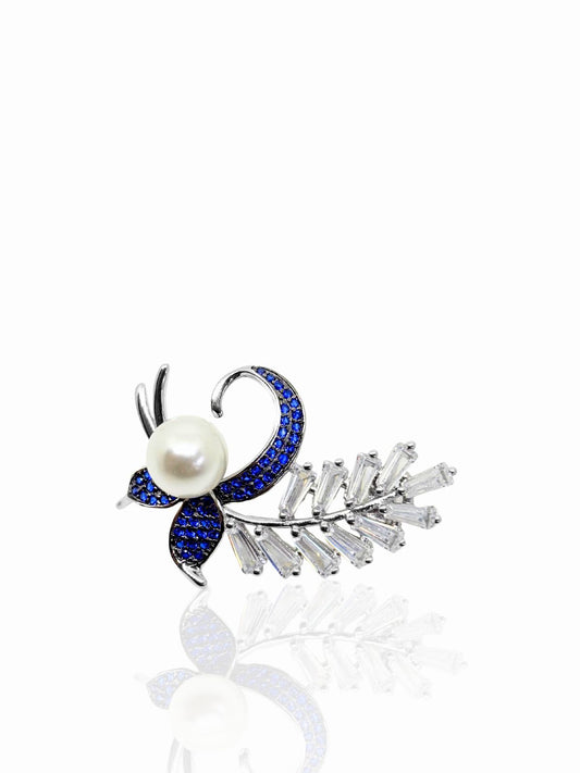 Safir Bezeli Baget Taşlı Yaprak İnci Gümüş Broş – 3.5x2.3 cm