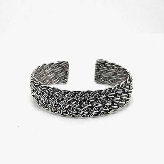 Thick Oxidized Frequently Dotted Knitted Silver Bracelet