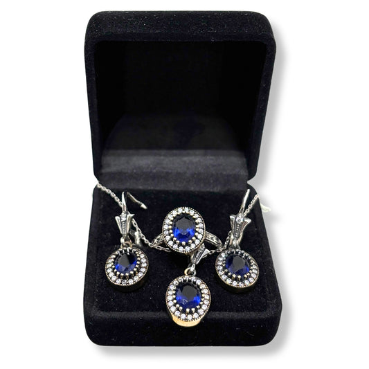 Beyaz Işıltılı Oval Safir Gümüş Set&Takım