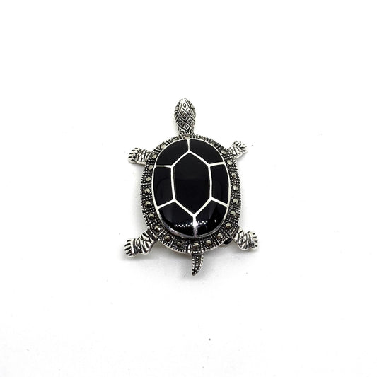 Marcasite Surrounded Black Enameled Silver Turtle Brooch