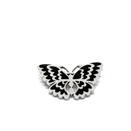 Black Enamel Silver Butterfly Brooch