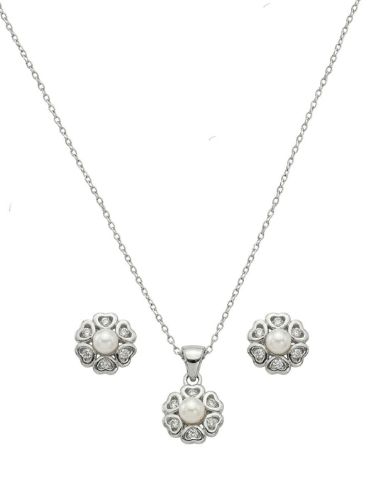 Taşlı Kalpten Yonca Gümüş İnci Set&Takım