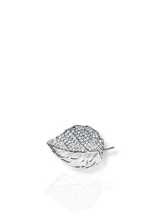 Taşlı Minimal Yaprak Gümüş Broş – 2.8x1.7 cm