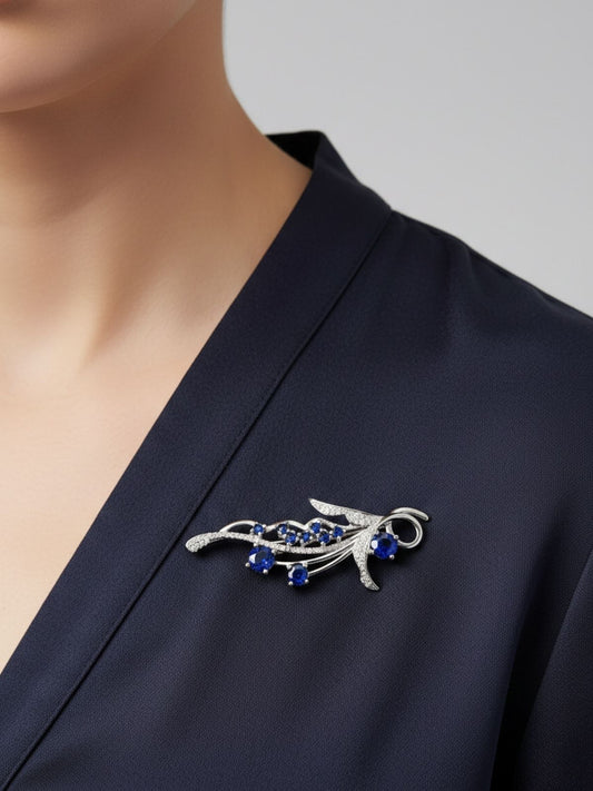 Safir Zirkon Zarif Yaprak Dalı Gümüş Broş 5x2.2cm