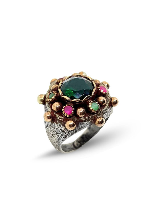 Yakut Zümrüt Taşlı Otantik Gümüş Retro Kadın Yüzük