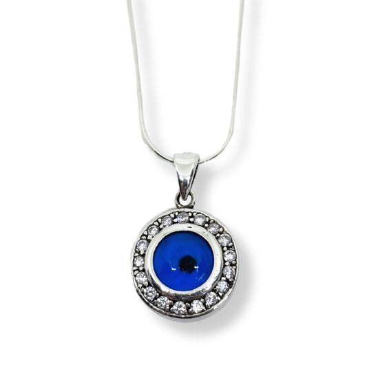 White Sparkle Surrounded Round Evil Eye Silver Necklace