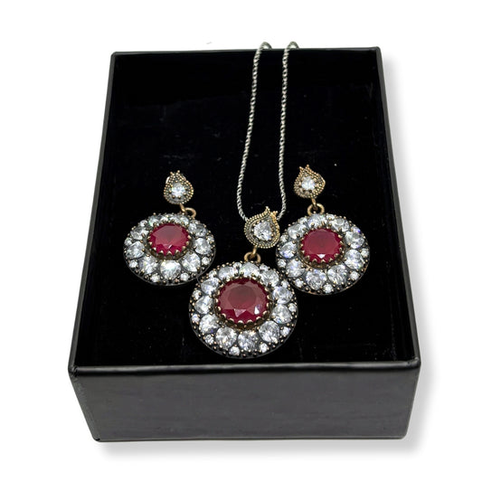 Large White Sparkle Surrounded Rose Ruby Silver Set &amp; Set