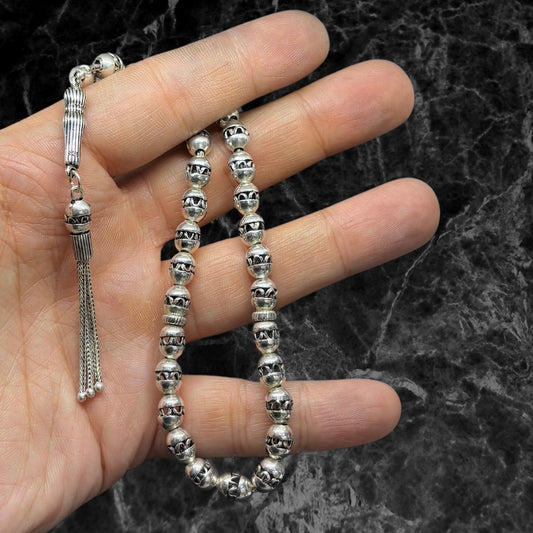 Silver Prayer Beads with Embroidered Pattern in the Middle