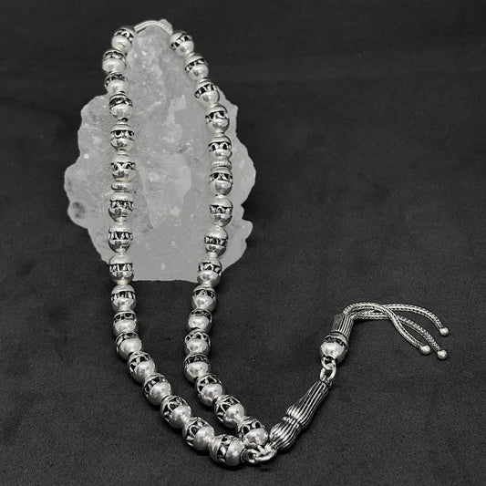 Silver Prayer Beads with Embroidered Pattern in the Middle